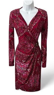 Cache Faux Wrap Dress XS Cinched Buckle Knee Length Wine Paisley Jersey Stretch